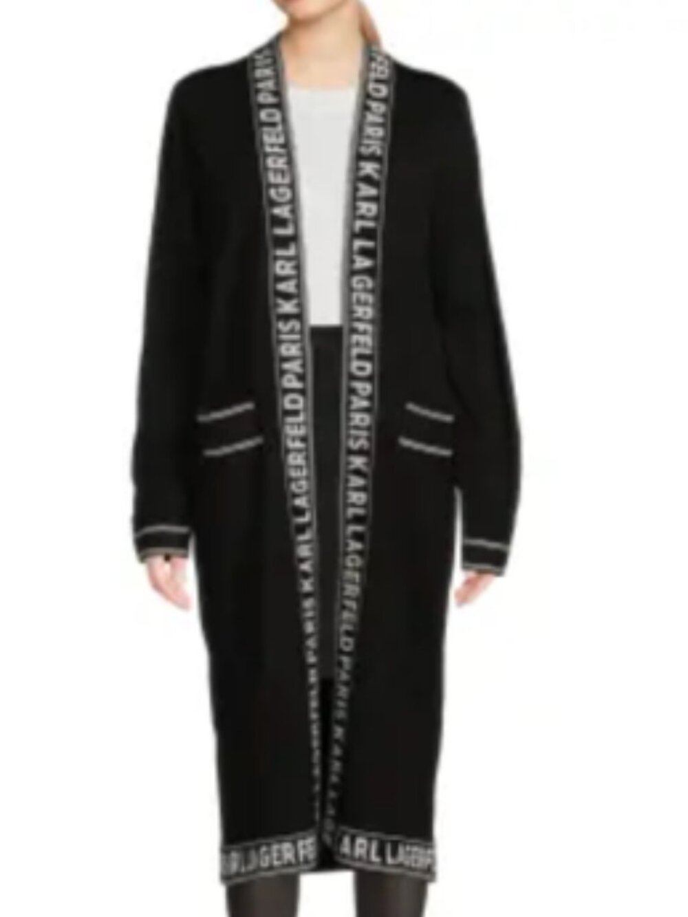 Karl Lagerfeld Paris Black White Open Front Logo Tipped Maxi Cardigan